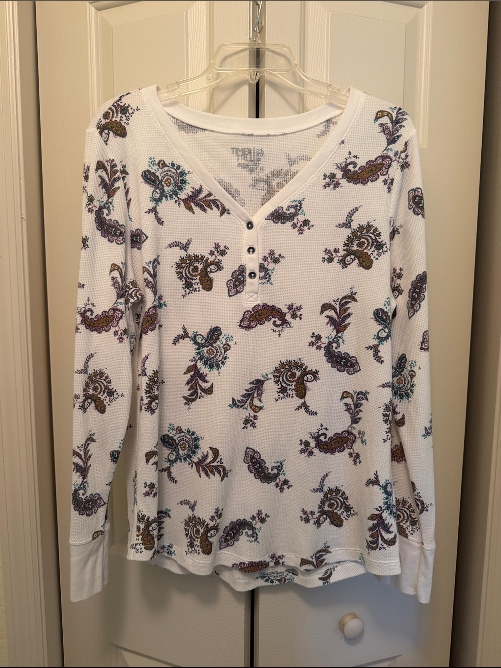 Time and Tru White Paisley Button‑Henley Long Sleeve Top 2XL